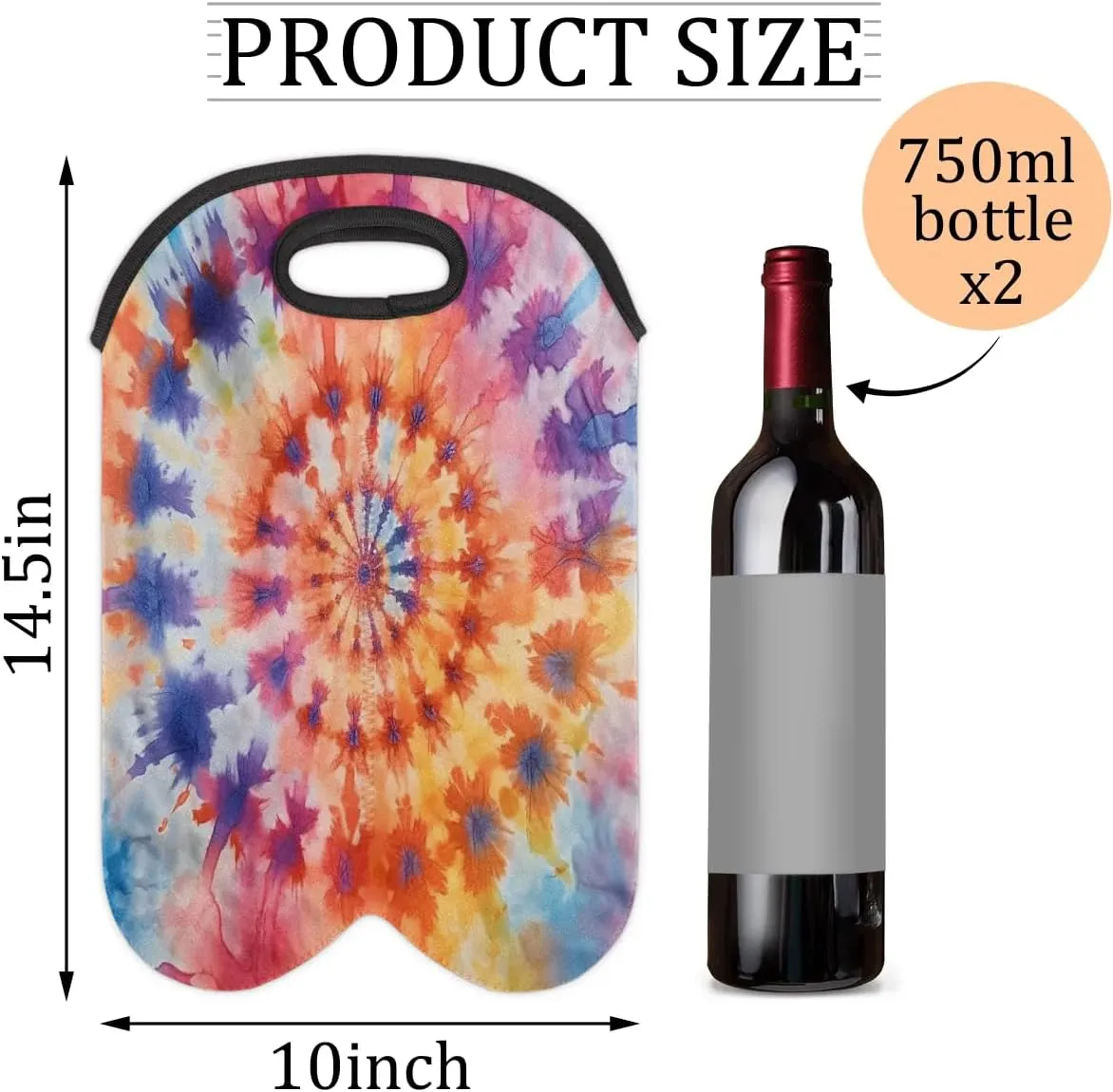 Two Bottle Wine Bag Colorful Tie Dyeing Portable Wine Tote Bag Neoprene Wine Carrier Tote Bags for Travel Party Picnic Restaurant Wine Tasting