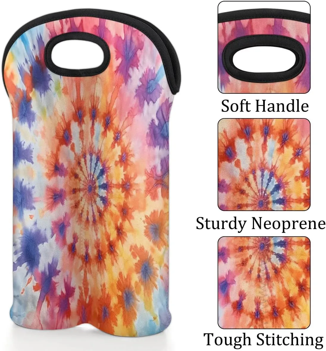 Two Bottle Wine Bag Colorful Tie Dyeing Portable Wine Tote Bag Neoprene Wine Carrier Tote Bags for Travel Party Picnic Restaurant Wine Tasting