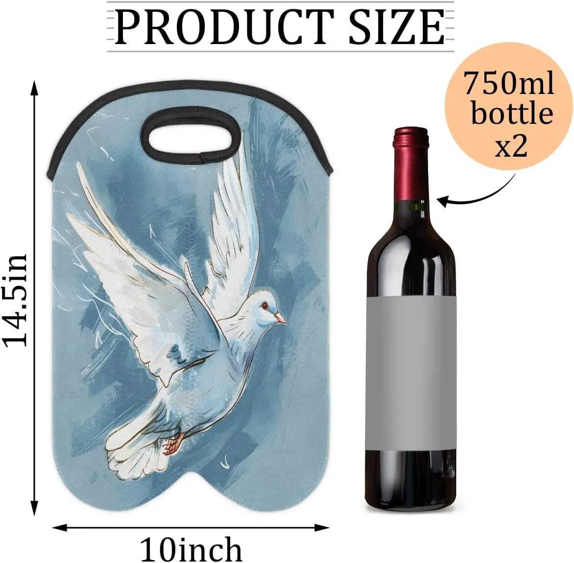 Two Bottle Wine Bag Flying Pigeon Portable Wine Tote Bag Neoprene Wine Carrier Tote Bags for Travel Party Picnic Restaurant Wine Tasting