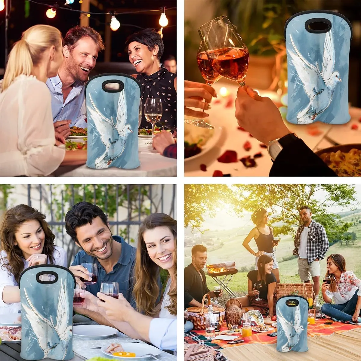 Two Bottle Wine Bag Flying Pigeon Portable Wine Tote Bag Neoprene Wine Carrier Tote Bags for Travel Party Picnic Restaurant Wine Tasting