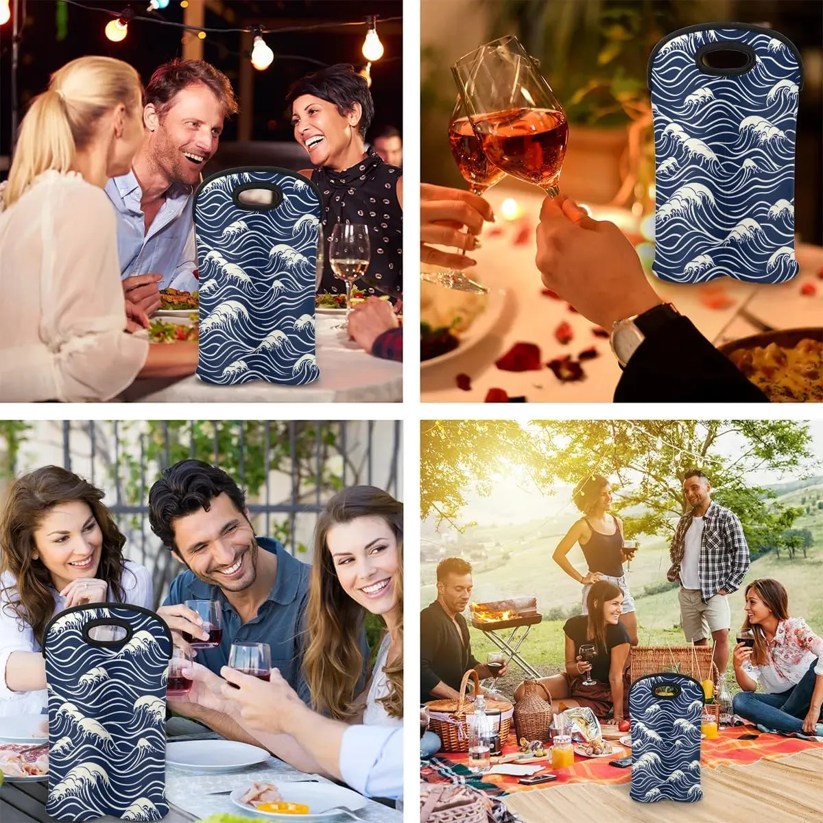 Two Bottle Wine Bag Seawater Print Portable Wine Tote Bag Neoprene Wine Carrier Tote Bags for Travel Party Picnic Restaurant Wine Tasting
