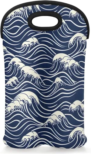 Two Bottle Wine Bag Seawater Print Portable Wine Tote Bag Neoprene Wine Carrier Tote Bags for Travel Party Picnic Restaurant Wine Tasting