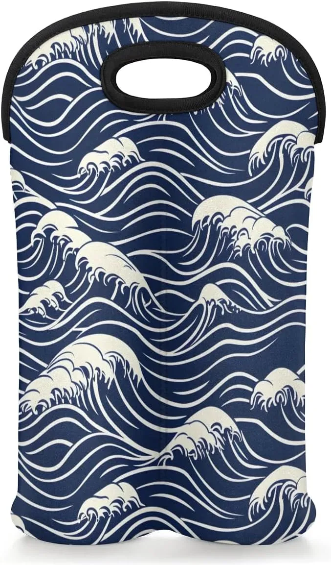Two Bottle Wine Bag Seawater Print Portable Wine Tote Bag Neoprene Wine Carrier Tote Bags for Travel Party Picnic Restaurant Wine Tasting