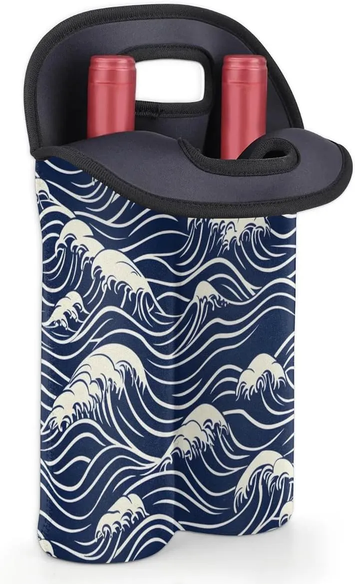 Two Bottle Wine Bag Seawater Print Portable Wine Tote Bag Neoprene Wine Carrier Tote Bags for Travel Party Picnic Restaurant Wine Tasting