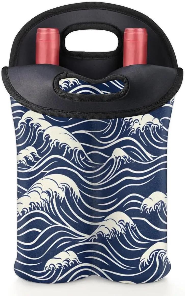 Two Bottle Wine Bag Seawater Print Portable Wine Tote Bag Neoprene Wine Carrier Tote Bags for Travel Party Picnic Restaurant Wine Tasting