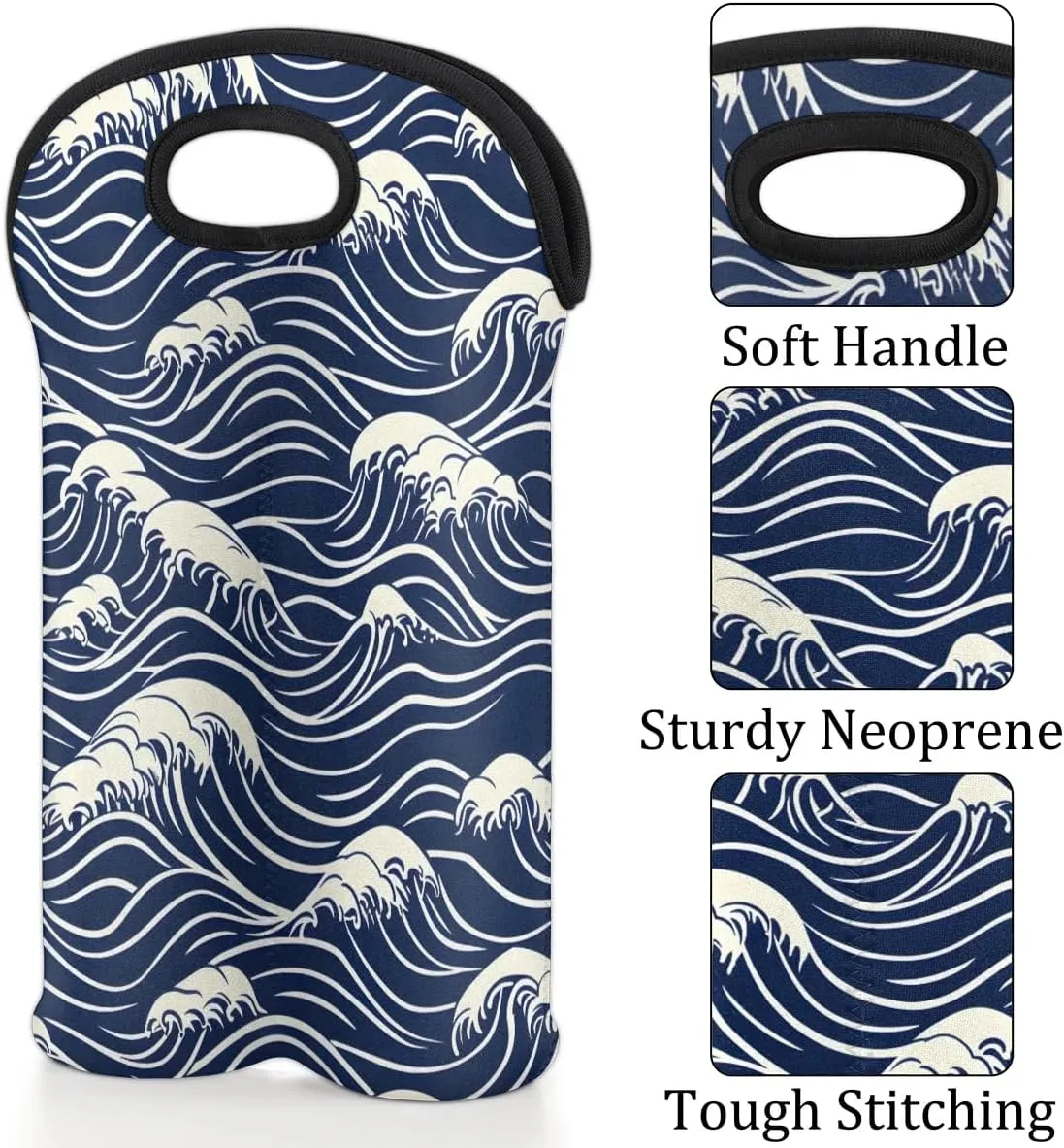 Two Bottle Wine Bag Seawater Print Portable Wine Tote Bag Neoprene Wine Carrier Tote Bags for Travel Party Picnic Restaurant Wine Tasting