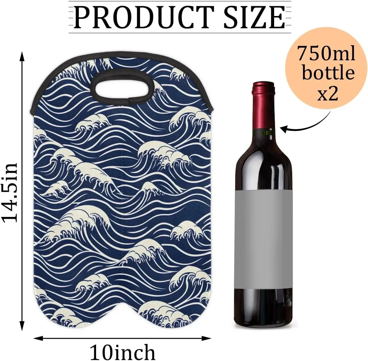 Two Bottle Wine Bag Seawater Print Portable Wine Tote Bag Neoprene Wine Carrier Tote Bags for Travel Party Picnic Restaurant Wine Tasting