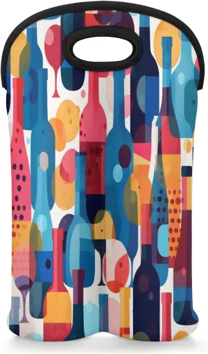 Two Bottle Wine Bag Wine Bottles Pattern Portable Wine Tote Bag Neoprene Wine Carrier Tote Bags for Travel Party Picnic Restaurant Wine Tasting