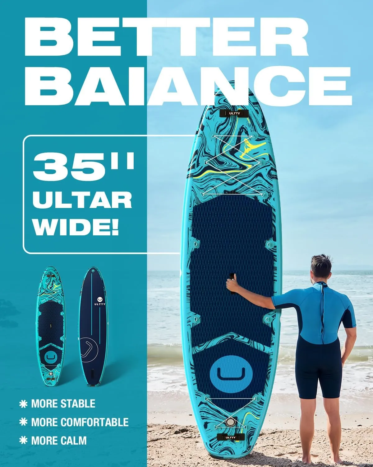 U ULTTY 11'6×35" Super Wide Inflatable Paddle Board, Ultra Stable Stand Up Paddleboards for 450lb/3 People/Family/Big Size w/Shoulder Strap, 100L Backpack, All-Round Sup Board, US Fin