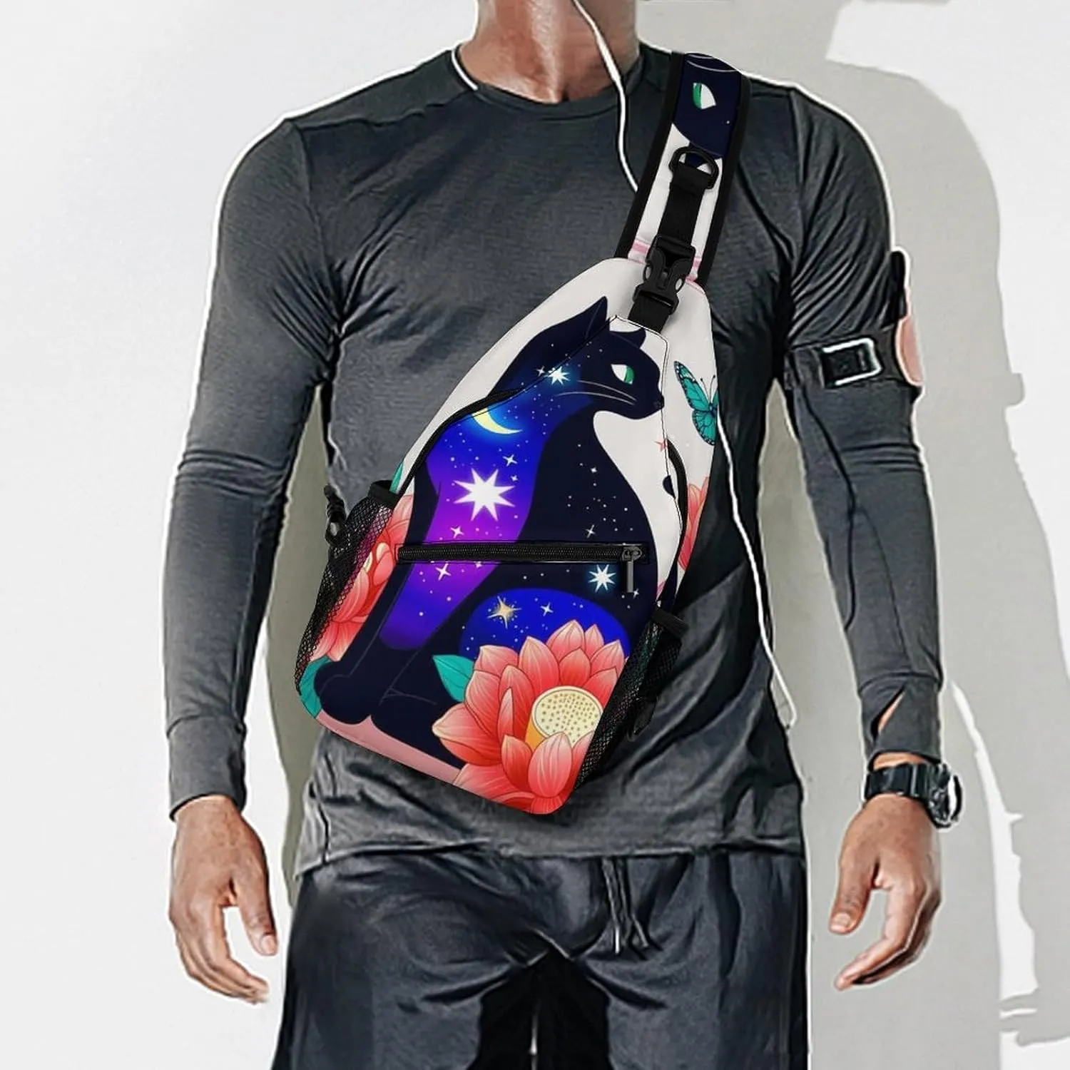 Ultra Lightweight Sling Backpack Shoulder Chest Crossbody Bag Multipurpose Anti-Theft Backpacking for Hiking Cycling Walking Dog Bicycle Travel - Black Cat Flower Butterfly Starry Sky Dream Scene Art
