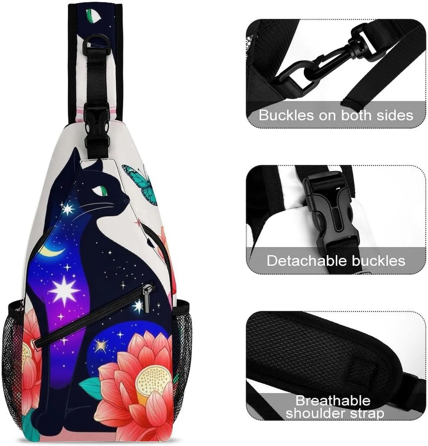Ultra Lightweight Sling Backpack Shoulder Chest Crossbody Bag Multipurpose Anti-Theft Backpacking for Hiking Cycling Walking Dog Bicycle Travel - Black Cat Flower Butterfly Starry Sky Dream Scene Art
