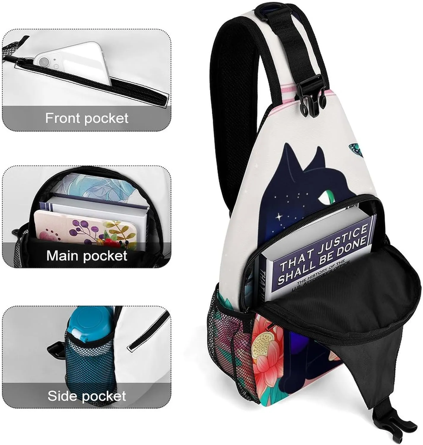 Ultra Lightweight Sling Backpack Shoulder Chest Crossbody Bag Multipurpose Anti-Theft Backpacking for Hiking Cycling Walking Dog Bicycle Travel - Black Cat Flower Butterfly Starry Sky Dream Scene Art