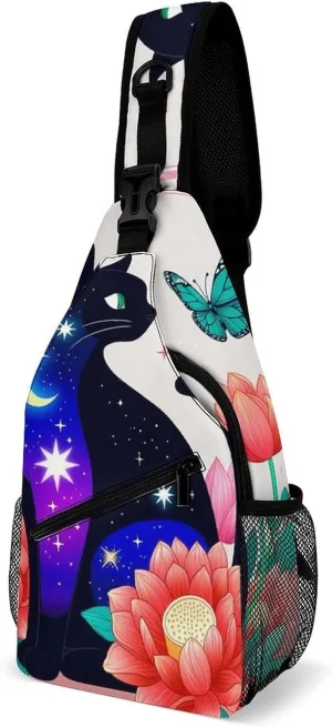 Ultra Lightweight Sling Backpack Shoulder Chest Crossbody Bag Multipurpose Anti-Theft Backpacking for Hiking Cycling Walking Dog Bicycle Travel - Black Cat Flower Butterfly Starry Sky Dream Scene Art