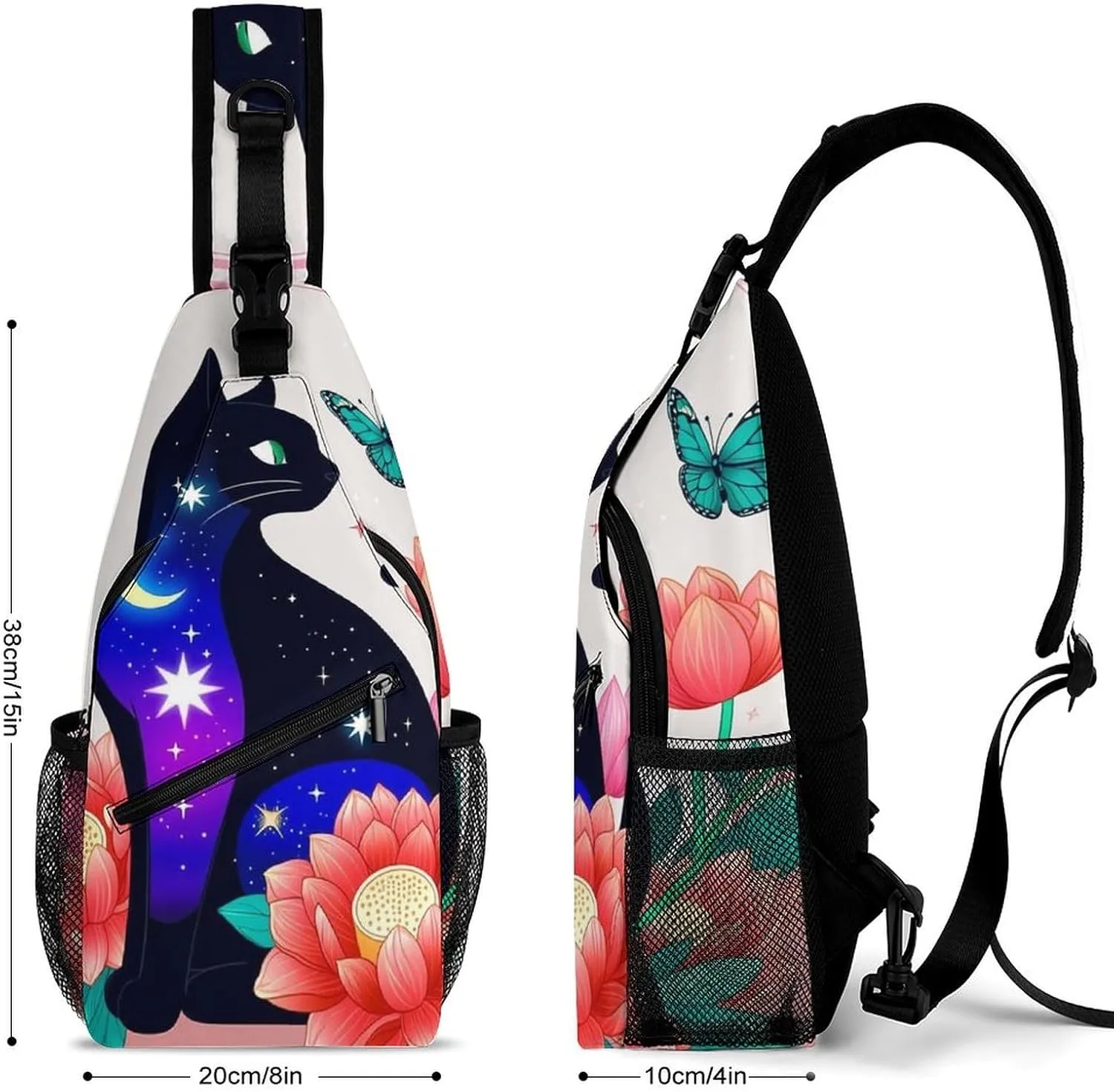 Ultra Lightweight Sling Backpack Shoulder Chest Crossbody Bag Multipurpose Anti-Theft Backpacking for Hiking Cycling Walking Dog Bicycle Travel - Black Cat Flower Butterfly Starry Sky Dream Scene Art