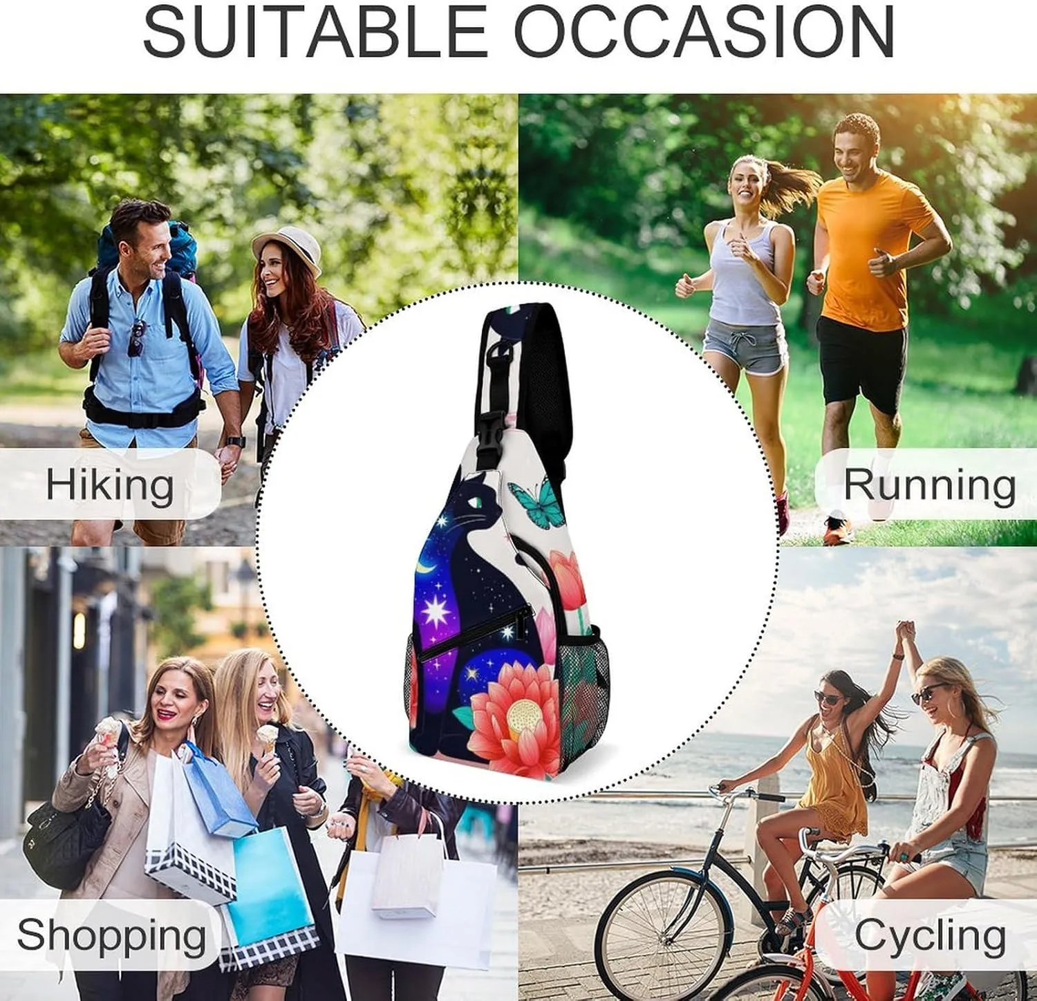 Ultra Lightweight Sling Backpack Shoulder Chest Crossbody Bag Multipurpose Anti-Theft Backpacking for Hiking Cycling Walking Dog Bicycle Travel - Black Cat Flower Butterfly Starry Sky Dream Scene Art