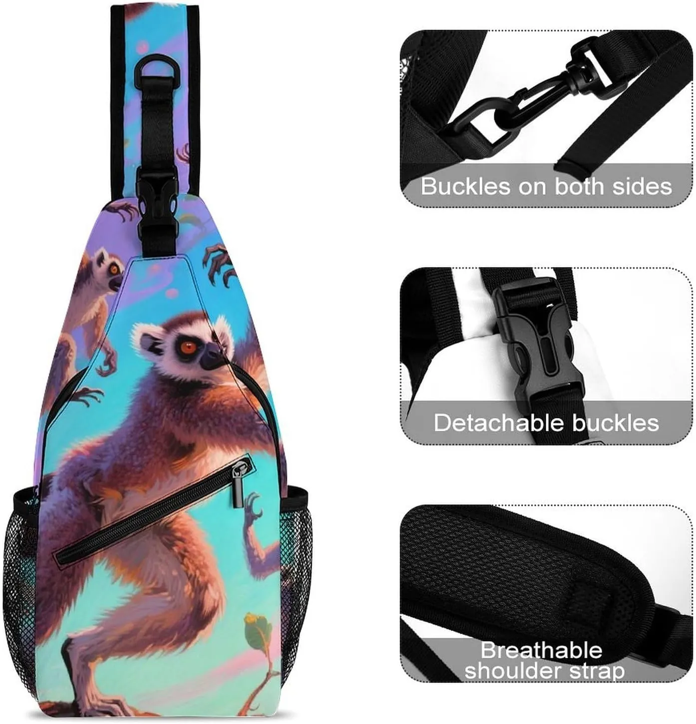 Ultra Lightweight Sling Shoulder Backpack Crossbody Shoulder Bag Multipurpose Anti-Theft Bag for Travel Gym Sport Hiking, Exotic Jungle Animal Lemurs Monkey Art Tool Backpack