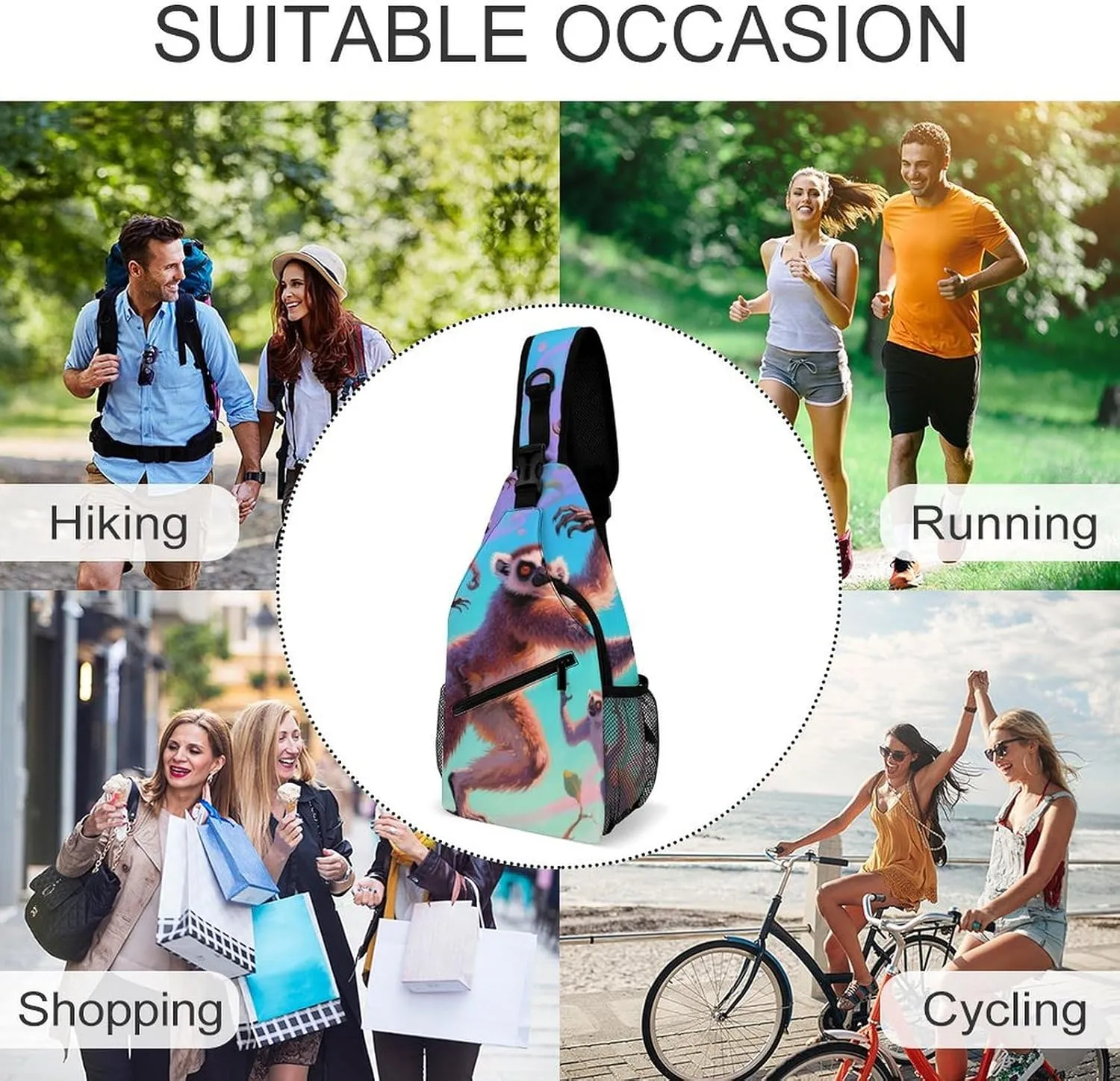 Ultra Lightweight Sling Shoulder Backpack Crossbody Shoulder Bag Multipurpose Anti-Theft Bag for Travel Gym Sport Hiking, Exotic Jungle Animal Lemurs Monkey Art Tool Backpack
