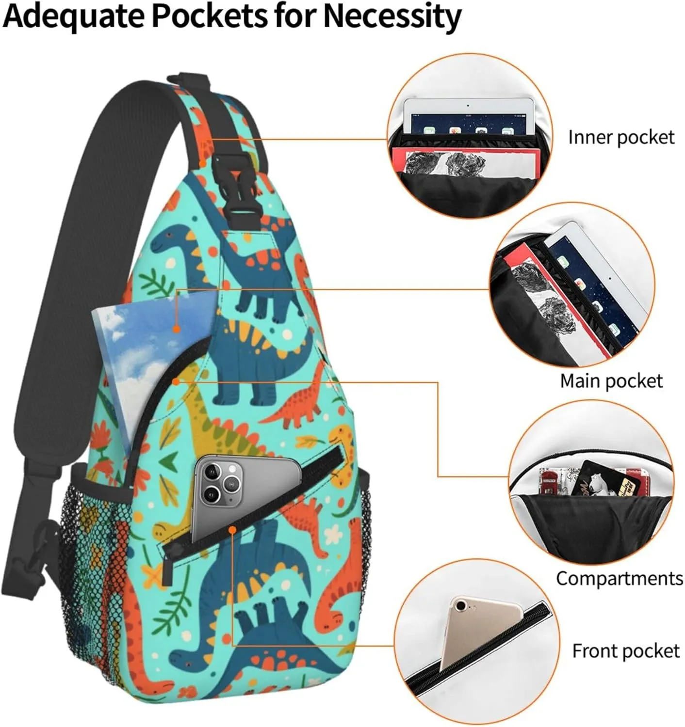 Ultra Lightweight Sling Shoulder Backpack Shoulder Crossbody Bag Chest Pack Multipurpose Anti-Theft Daypack for Outdoors Camping Hiking Trekking, Animals Dinosaur Art