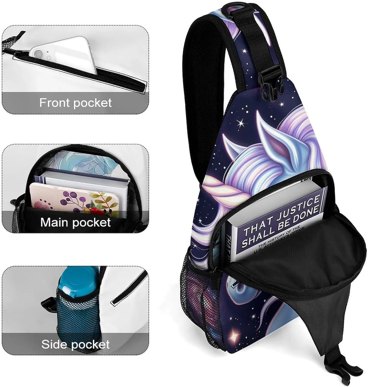 Ultra Lightweight Sling Shoulder Backpack Shoulder Crossbody Bag Chest Pack Multipurpose Anti-Theft Daypack for Outdoors Camping Hiking Trekking, Galaxy Unicorn Art