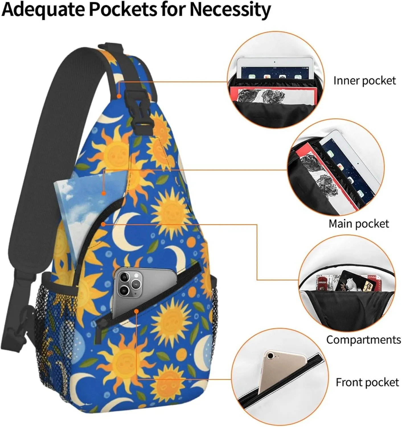 Ultra Lightweight Sling Shoulder Backpack Shoulder Crossbody Bag Chest Pack Multipurpose Anti-Theft Daypack for Outdoors Camping Hiking Trekking, Sun And Moon Art
