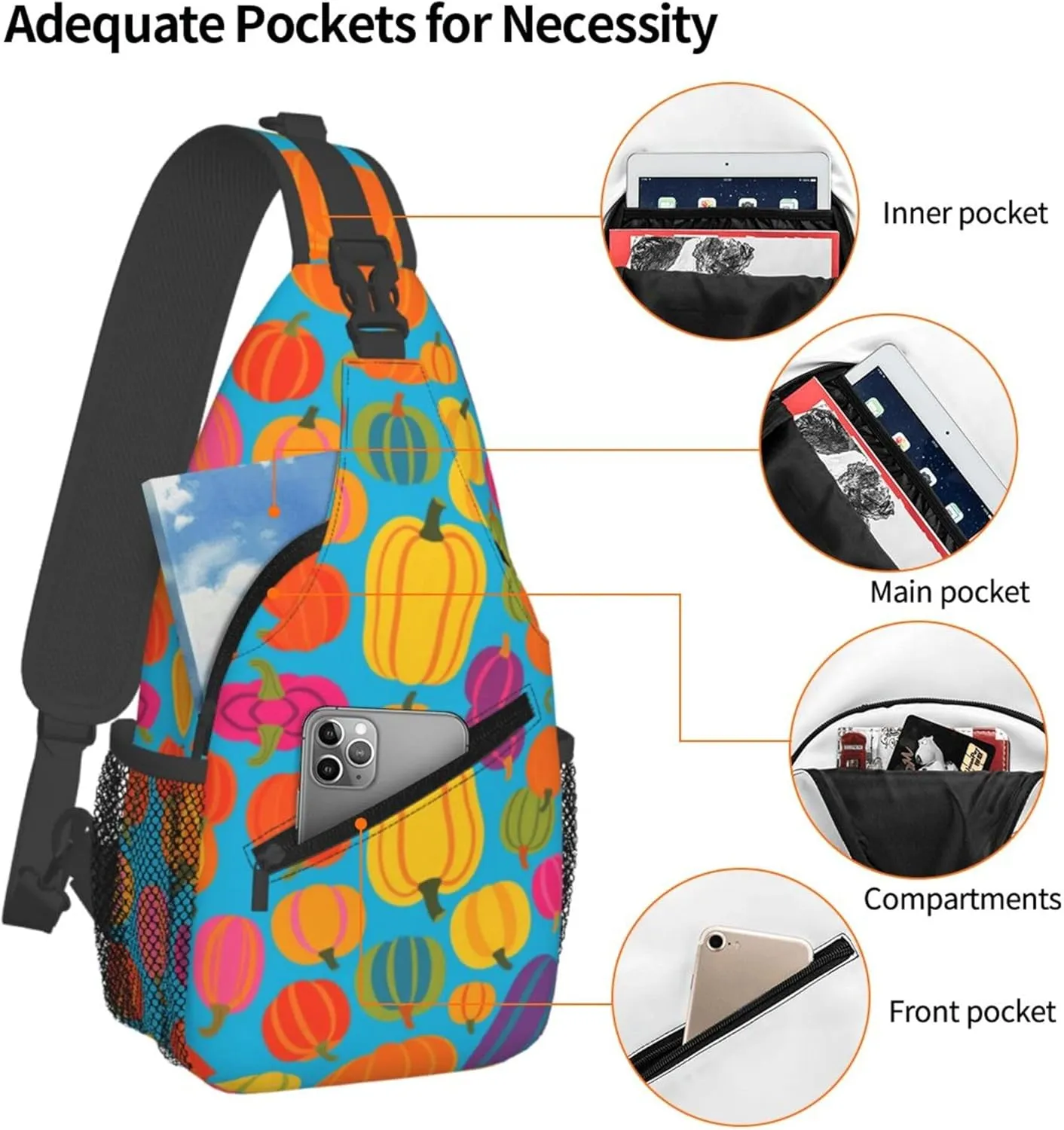 Ultra Lightweight Sling Shoulder Backpack Shoulder Crossbody Bag Chest Pack Multipurpose Anti-Theft Daypack for Outdoors Camping Hiking Trekking, Trippy Pumpkin Art