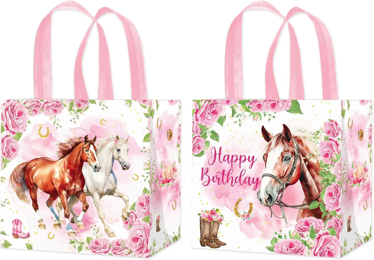 umoni Cowgirl Non-woven Bags 12pcs Horse Birthday Supplies Floral Horse Theme Party Goodies Bag Pink Horse Treat Bags with Handles for Cowgirl Birthday Party Decor