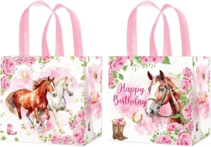 umoni Cowgirl Non-woven Bags 12pcs Horse Birthday Supplies Floral Horse Theme Party Goodies Bag Pink Horse Treat Bags with Handles for Cowgirl Birthday Party Decor