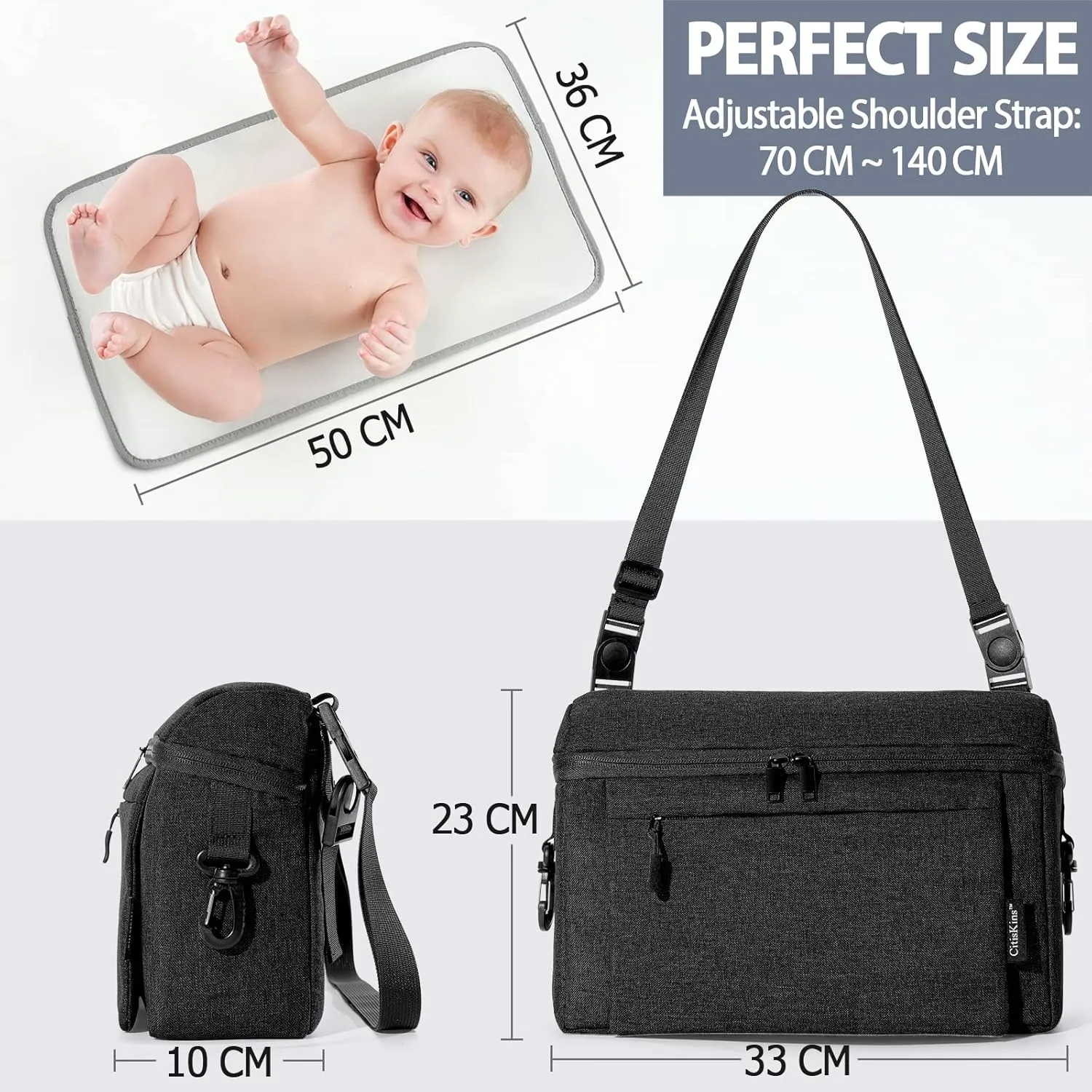 Universal Baby Stroller Organizer Large Space with Insulated Cup Holder Detachable Diaper Bag Adjustable Shoulder Strap Fits All Strollers (black)