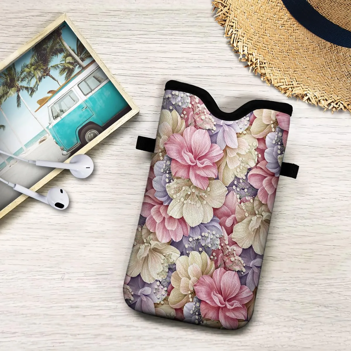Universal Neoprene Cell Phone Pouch 7.1 X 4 in Mobile Protection Case Bag with Crossbody Strap/Neck Lanyard Luxury Flowers Leaf Printed Pattern