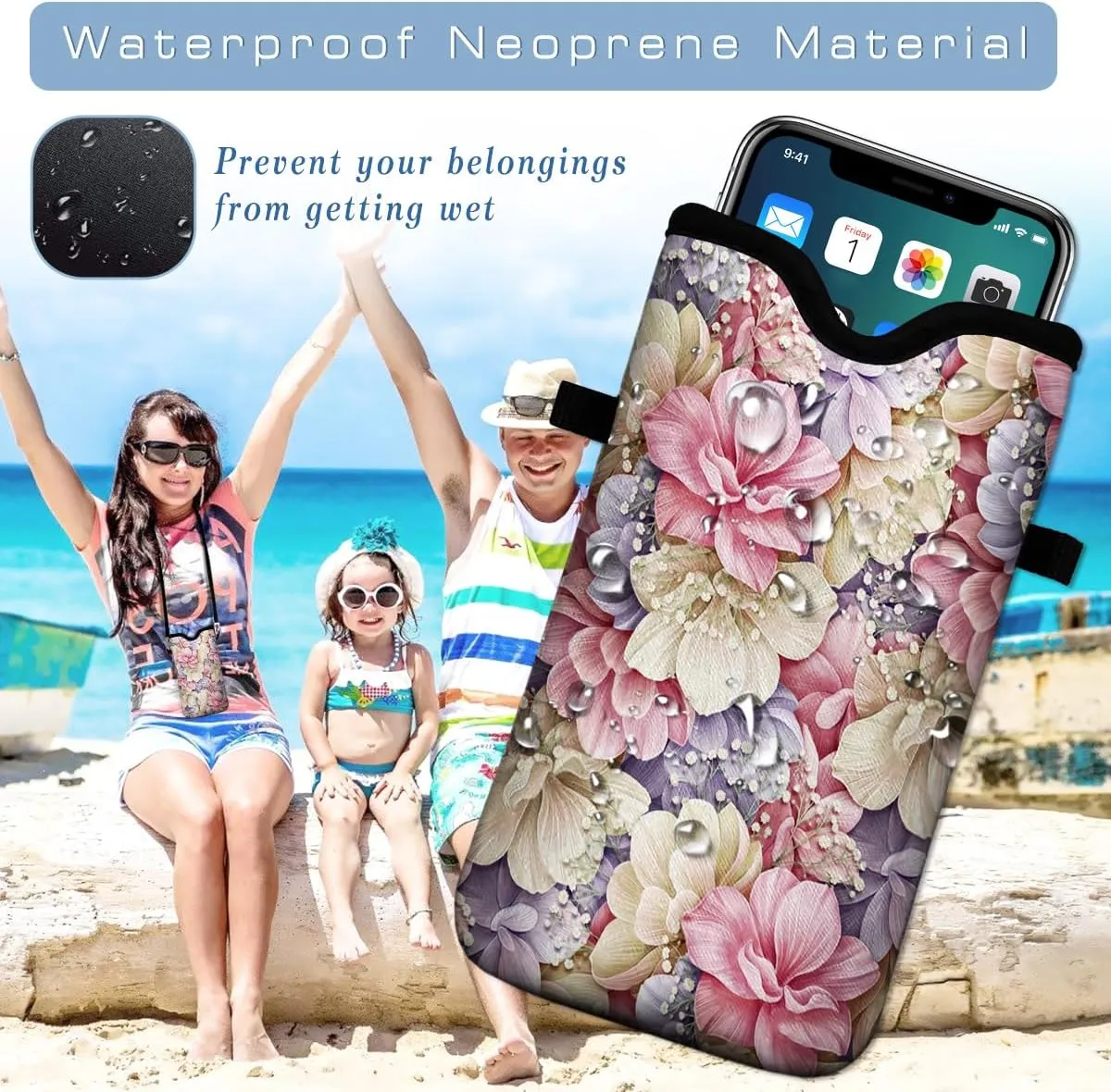 Universal Neoprene Cell Phone Pouch 7.1 X 4 in Mobile Protection Case Bag with Crossbody Strap/Neck Lanyard Luxury Flowers Leaf Printed Pattern