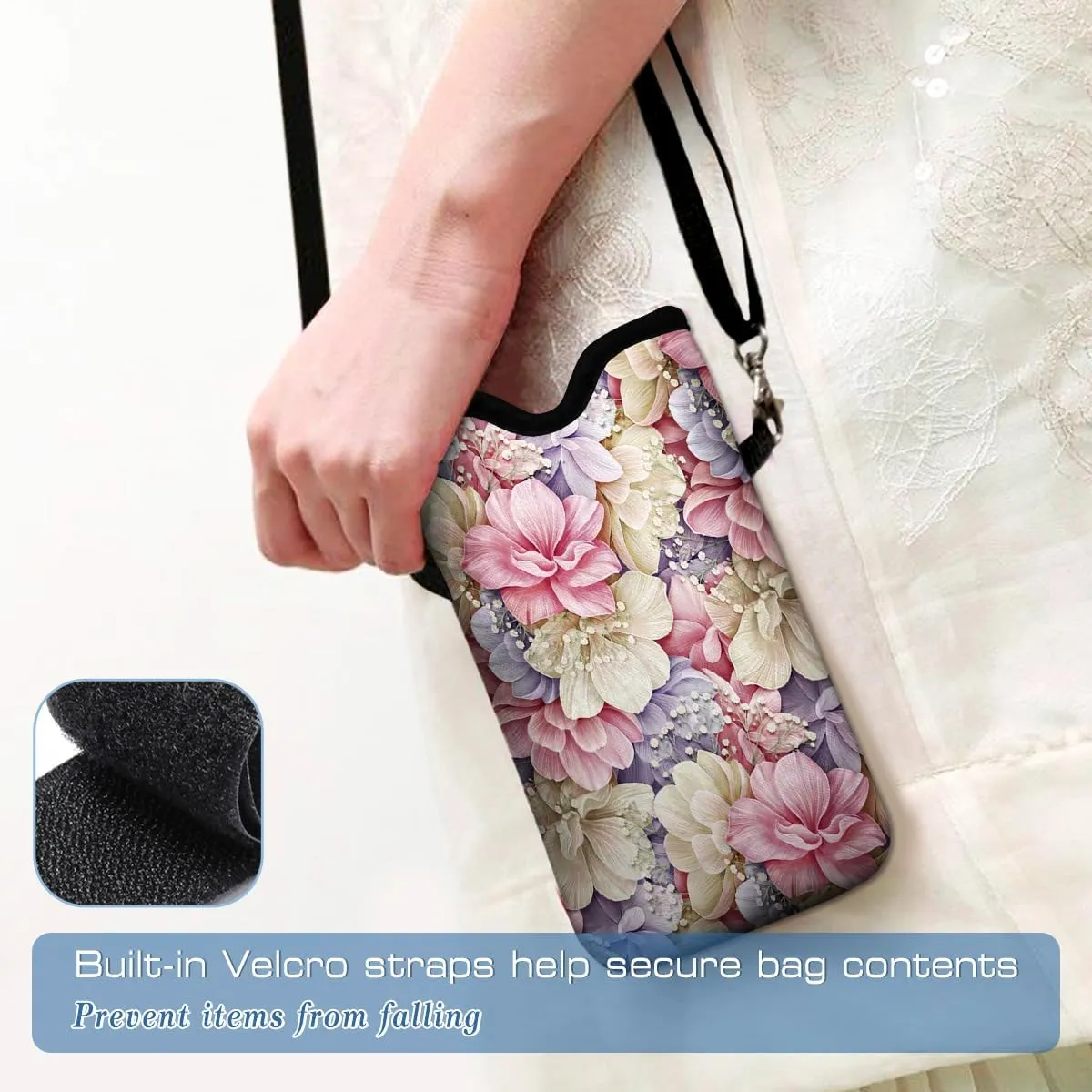 Universal Neoprene Cell Phone Pouch 7.1 X 4 in Mobile Protection Case Bag with Crossbody Strap/Neck Lanyard Luxury Flowers Leaf Printed Pattern