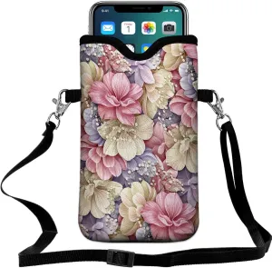 Universal Neoprene Cell Phone Pouch 7.1 X 4 in Mobile Protection Case Bag with Crossbody Strap/Neck Lanyard Luxury Flowers Leaf Printed Pattern