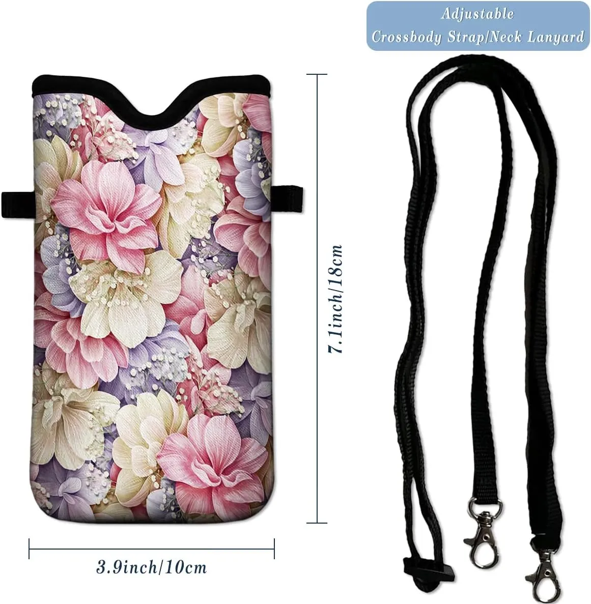 Universal Neoprene Cell Phone Pouch 7.1 X 4 in Mobile Protection Case Bag with Crossbody Strap/Neck Lanyard Luxury Flowers Leaf Printed Pattern