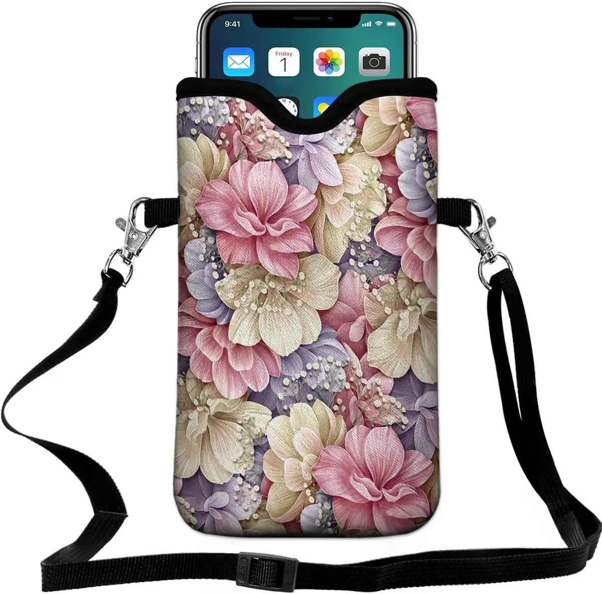 Universal Neoprene Cell Phone Pouch 7.1 X 4 in Mobile Protection Case Bag with Crossbody Strap/Neck Lanyard Luxury Flowers Leaf Printed Pattern