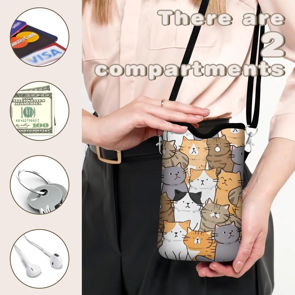 Universal Phone Sleeve Pouch with Crossbody Strap 7.6 X 4.3 Inches Shockproof Water Resistant Mobile Protection Bag-Cats Neoprene Phone Pouch Bag