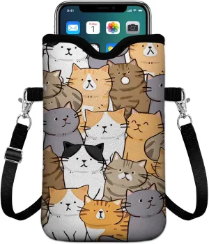 Universal Phone Sleeve Pouch with Crossbody Strap 7.6 X 4.3 Inches Shockproof Water Resistant Mobile Protection Bag-Cats Neoprene Phone Pouch Bag