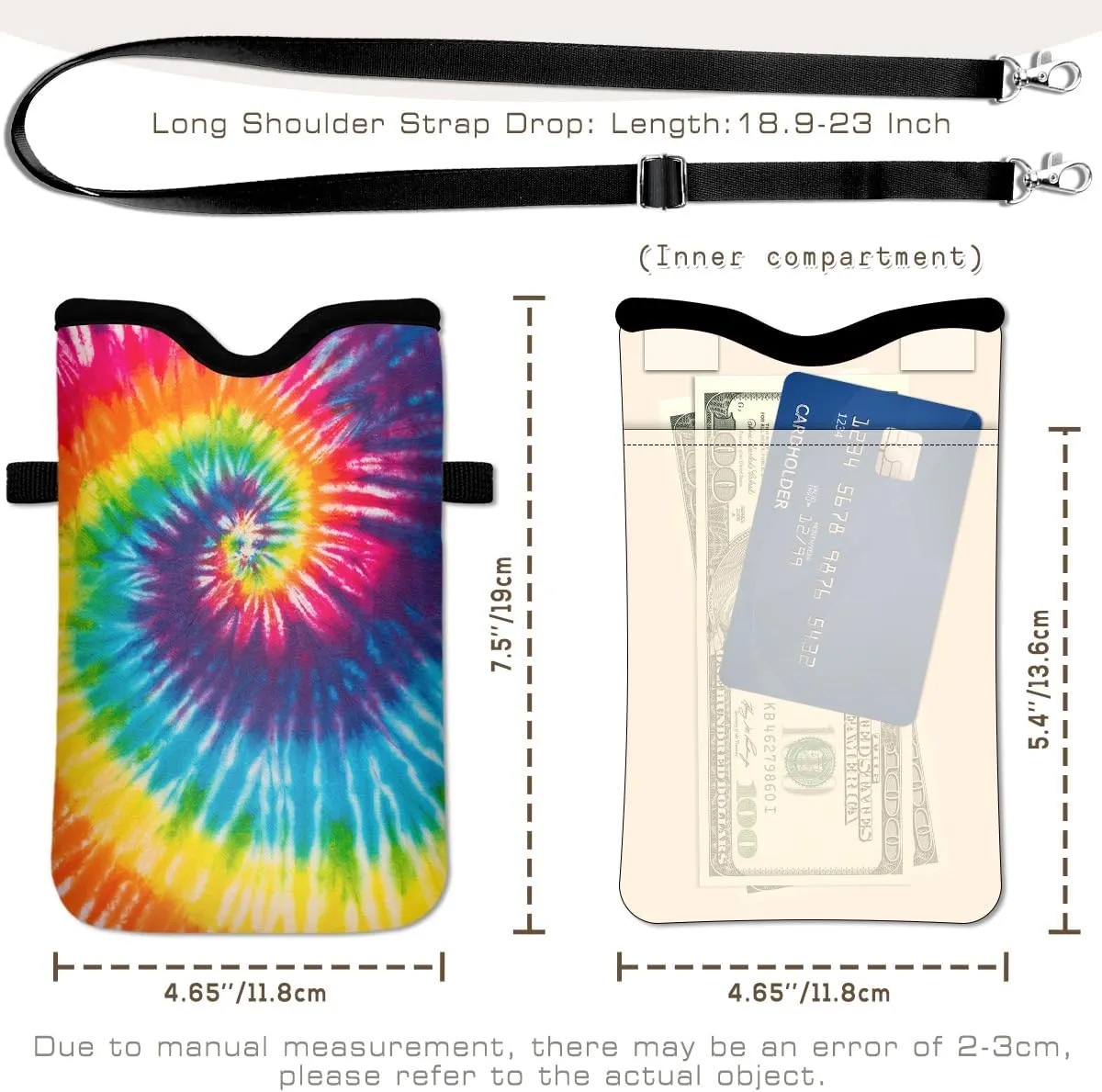 Universal Phone Sleeve Pouch with Crossbody Strap 7.6 X 4.3 Inches Shockproof Water Resistant Mobile Protection Bag-Tie Dye Neoprene Phone Pouch Bag