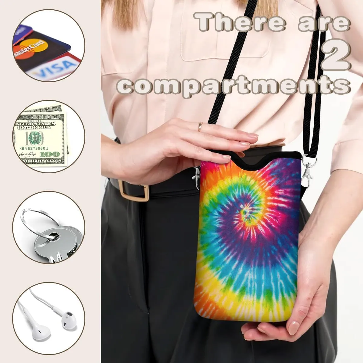 Universal Phone Sleeve Pouch with Crossbody Strap 7.6 X 4.3 Inches Shockproof Water Resistant Mobile Protection Bag-Tie Dye Neoprene Phone Pouch Bag