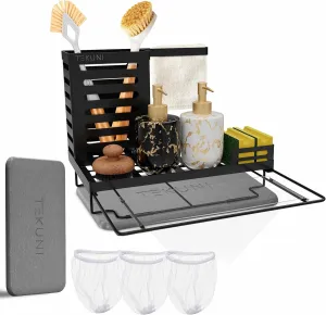 Upgraded Kitchen Sink Caddy with Pull Out Strainer & Instant Dry Mat - Sponge Holder for Kitchen Sink with Brush and Towel Holder, Portable Rustproof Non-Slip Countertop Organizer with Bonus Nets
