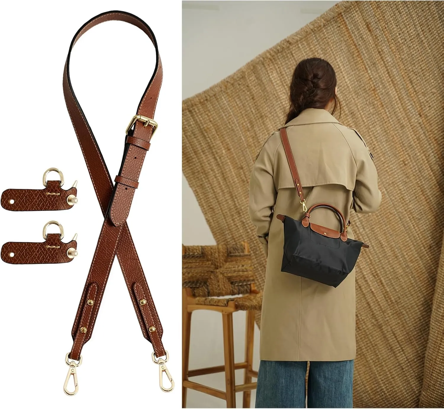 Upgraded Leather Purse Strap Replacement Compatible with Longchamp S M L Bag, Anti-Slip Leather Shoulder Strap Bag Conversion Kit Adjustable for Most Bag Pouch Women (Brown, L)