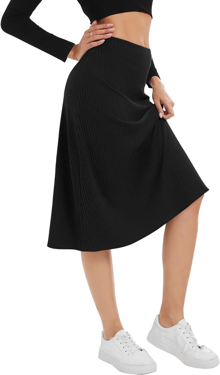 Urban CoCo Women's Elastic High Waist A-Line Flared Solid Ribbed Knit Midi Skirt