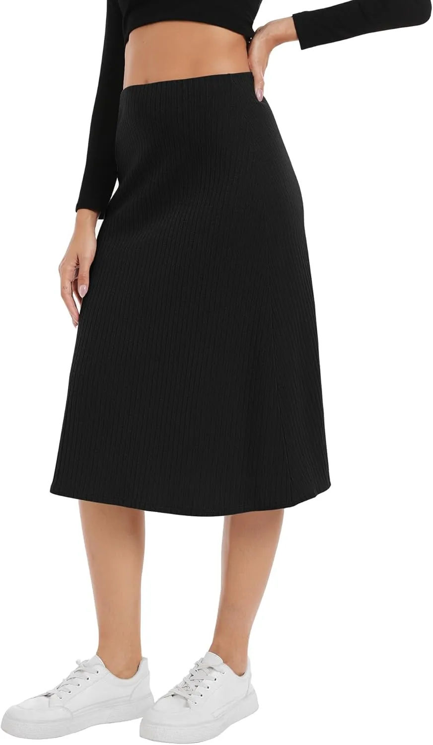 Urban CoCo Women's Elastic High Waist A-Line Flared Solid Ribbed Knit Midi Skirt