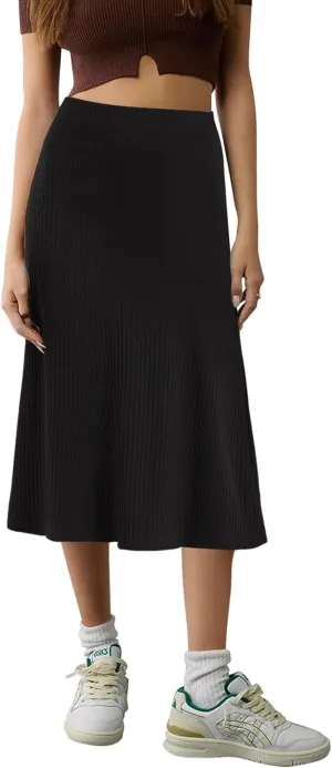Urban CoCo Women's Elastic High Waist A-Line Flared Solid Ribbed Knit Midi Skirt