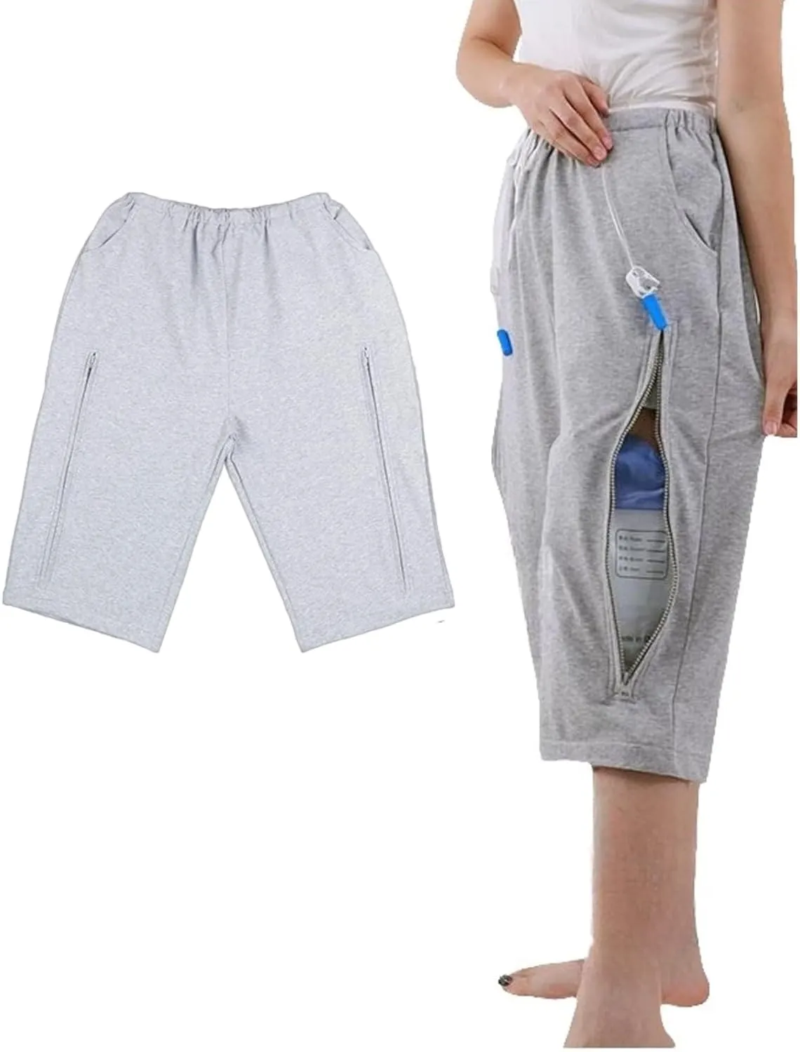 Urine Bag Holder Pants, Catheter Leg Bag Cropped Pants with 2 Pockets Holding Urinate Drainage Bags for Biliary Catheters, Nephrostomy, Cystostomy (Gray,L)