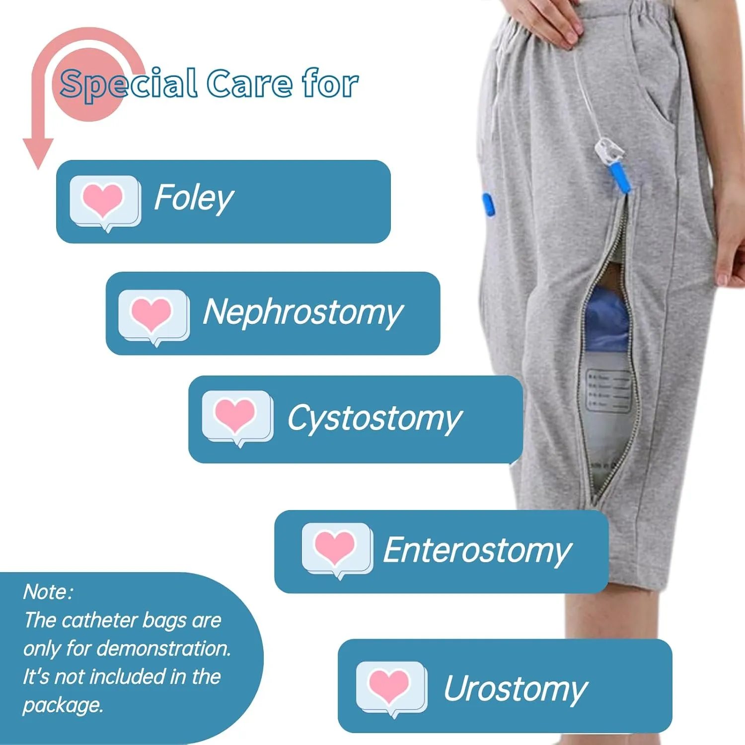 Urine Bag Holder Pants, Catheter Leg Bag Cropped Pants with 2 Pockets Holding Urinate Drainage Bags for Biliary Catheters, Nephrostomy, Cystostomy (Gray,L)