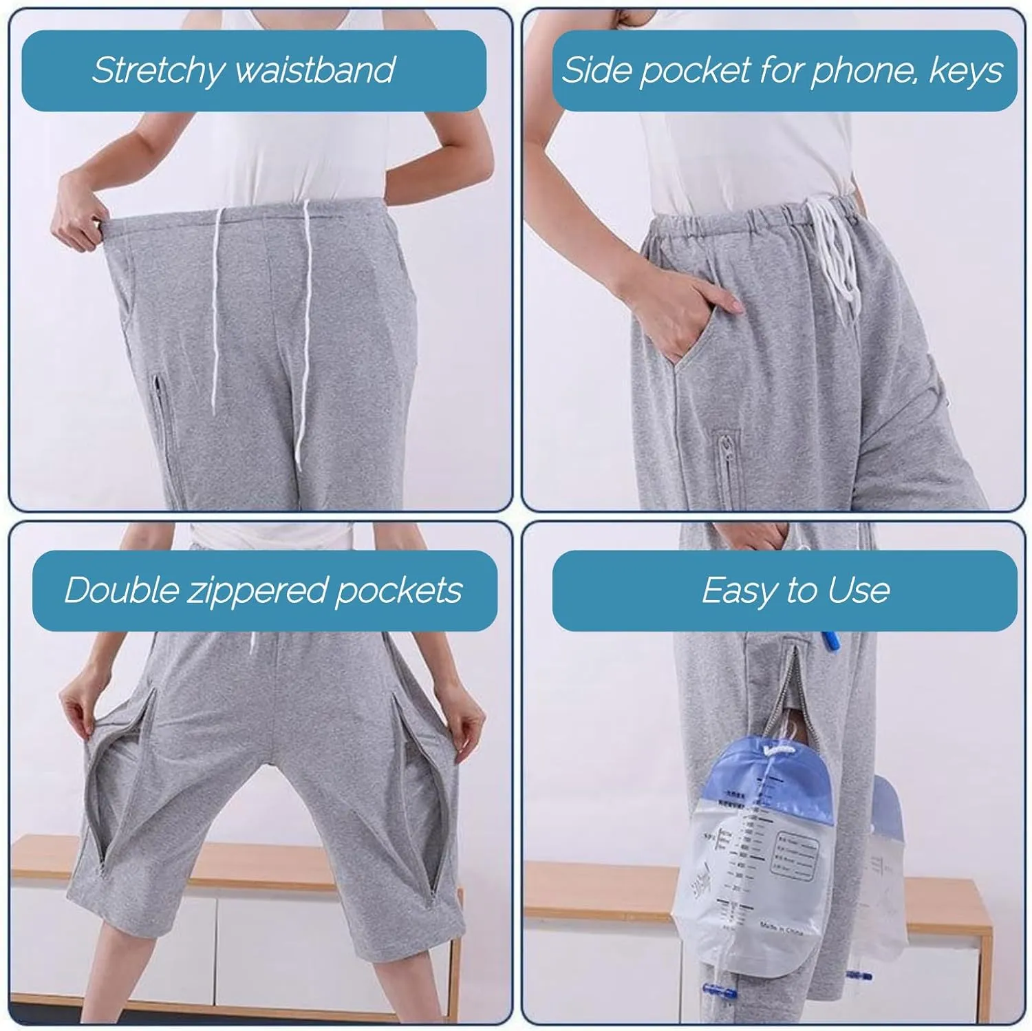 Urine Bag Holder Pants, Catheter Leg Bag Cropped Pants with 2 Pockets Holding Urinate Drainage Bags for Biliary Catheters, Nephrostomy, Cystostomy (Gray,L)