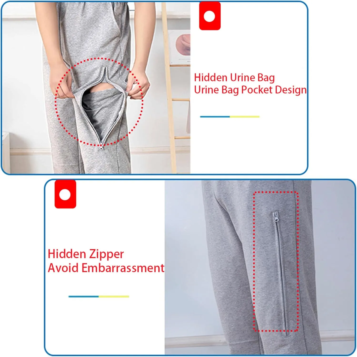 Urine Bag Holder Pants with Zippered Pockets,Incontinence Catheter Pants,Urine Bag Holder Trousers for Nephropathy Nephrostomy,Cystostomy,Eelderly