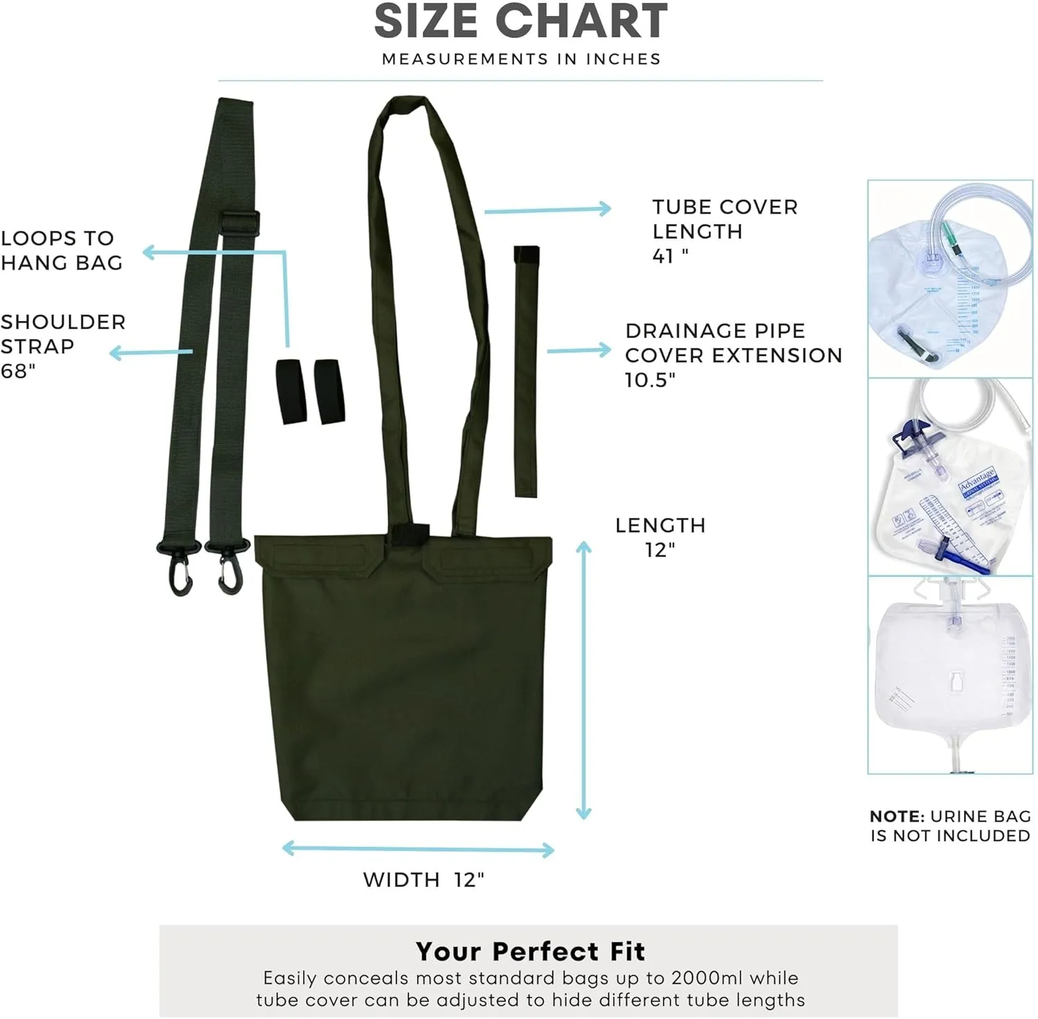Urine Drainage Bag Holder with Catheter Tube Cover & Adjustable Strap - Olive