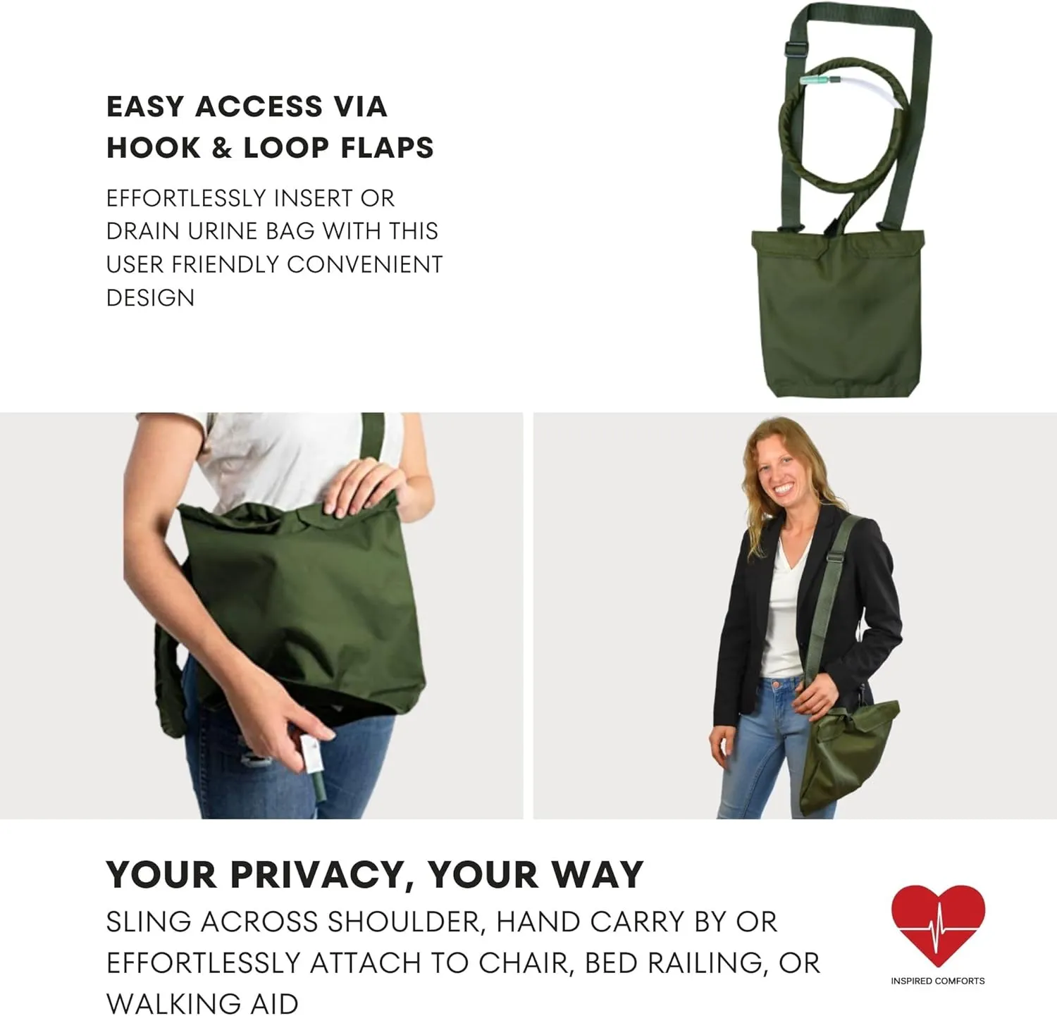 Urine Drainage Bag Holder with Catheter Tube Cover & Adjustable Strap - Olive