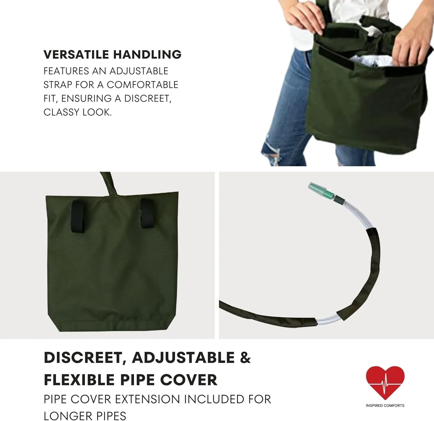 Urine Drainage Bag Holder with Catheter Tube Cover & Adjustable Strap - Olive